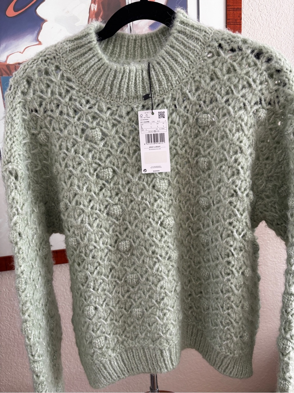 NWT Mango Mint Green Open-Knit Crewneck Popcorn Texture Sweater - Picture 4 of 9